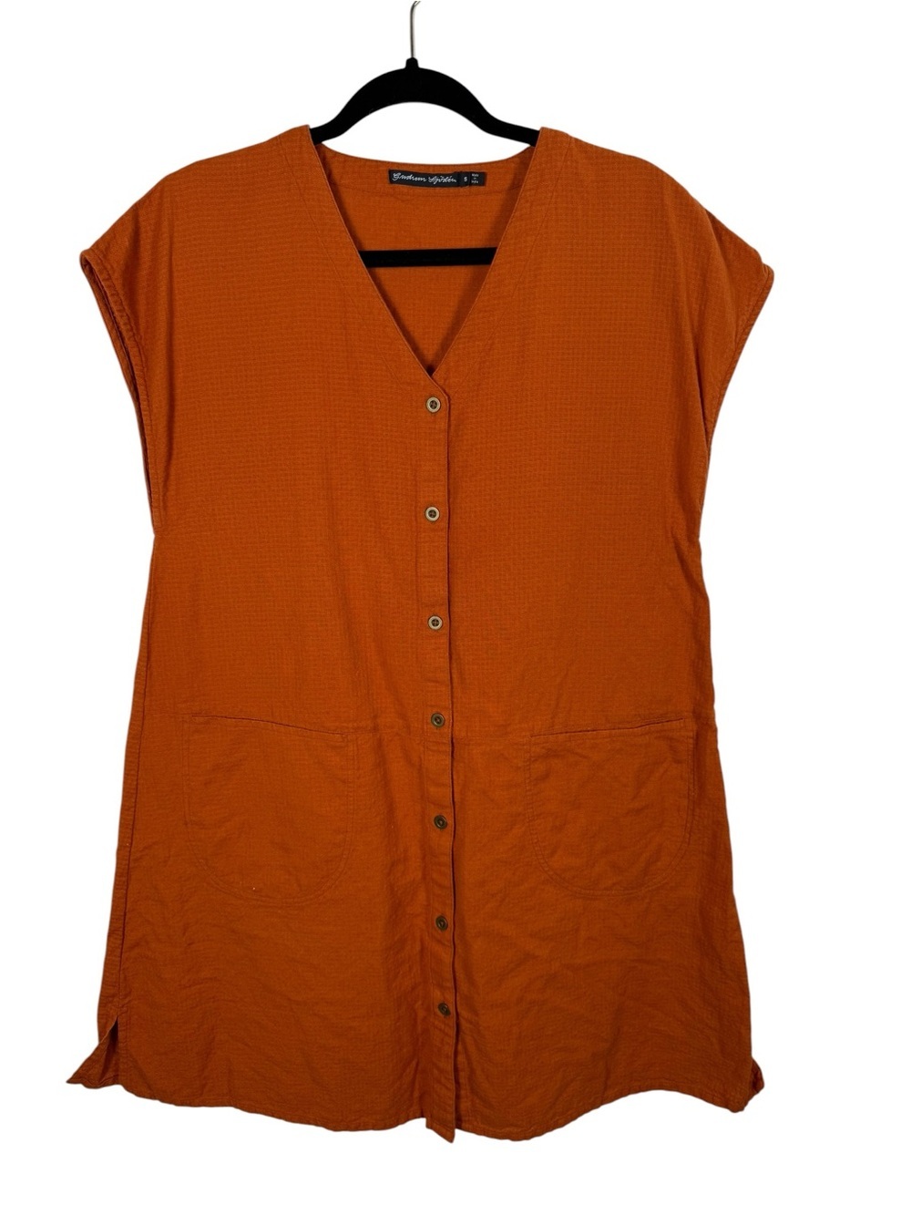 Gudrun Sjoden V-Neck Button Up Cap Sleeve Patch Pocket Cotton Mini Dress Sz S